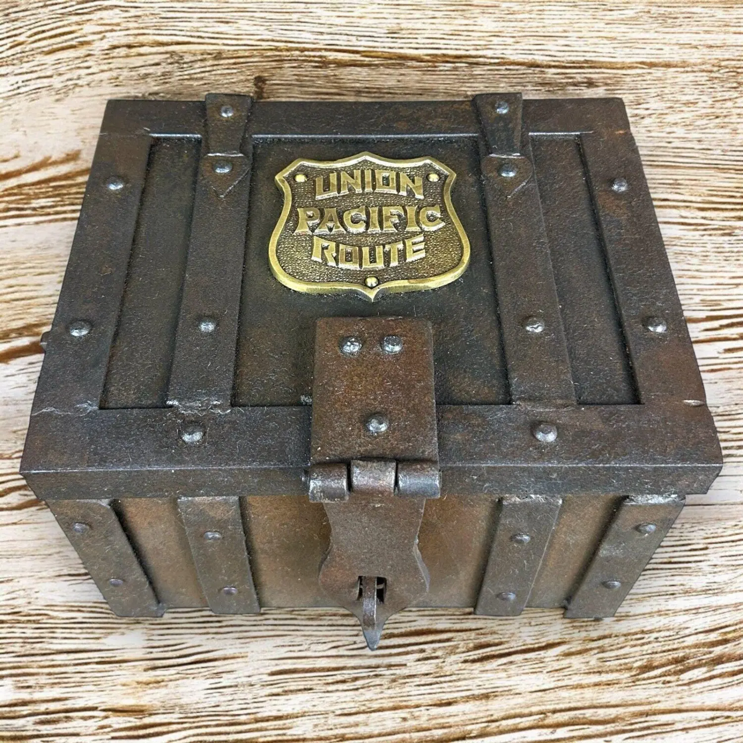 Union Pacific Industrial Decor Iron Strong Storage Box Chest, Antique Vintage Finish Home Organiser with Antique Tag, Decorative, Traditional