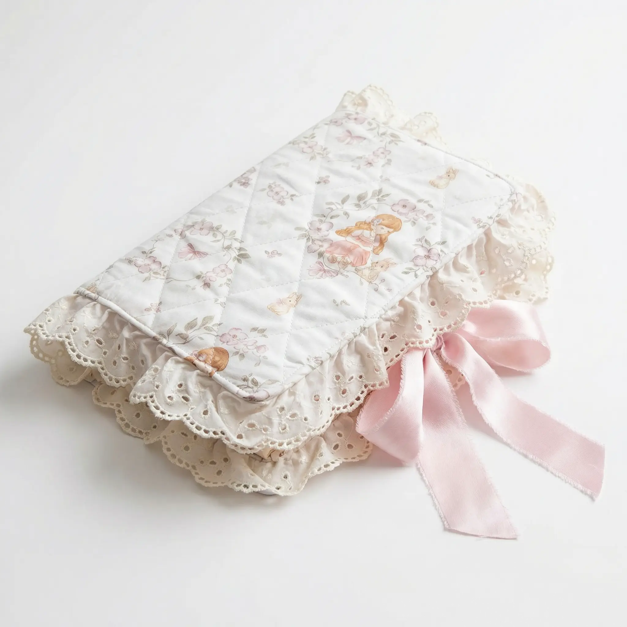 Quilted Bible Cover – Cute Girl & Bunnies with Lace & Pink Satin Bow