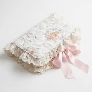 Quilted Bible Cover – Cute Girl & Bunnies with Lace & Pink Satin Bow