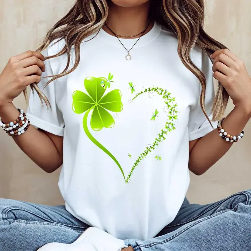 Crew Neck T Shirt Four Leaf Clover Heart Design St Patrick's Day Celebration