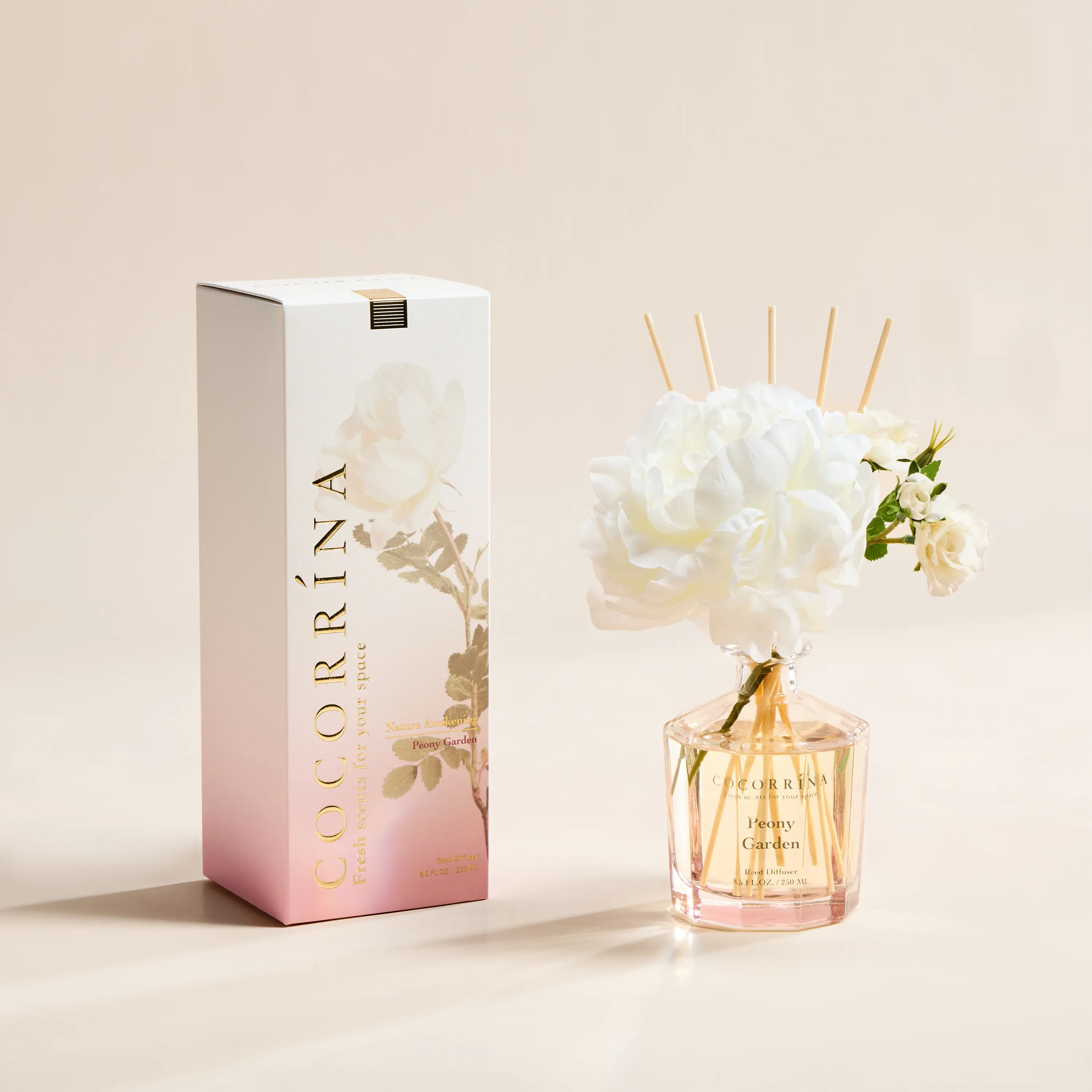 COCORRÍNA Reed Diffuser - Peony Garden 8.5oz Flower Reed Diffuser Set with 8 Sticks, Home Fragrance Reed Diffuser for Home Bedroom Office Bathroom Shelf Decor (Master Collection)