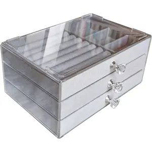 Clear Acrylic Velvet Jewelry Organizer with 3 Drawers, Stackable Display Storage Earrings Necklace Rings Bracelets Box Holder Case for Women, Grey