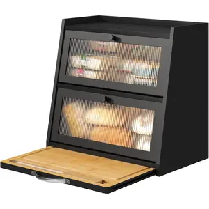 Bread Box for Counter, Black Bread Box With Cutting Board, Bamboo Wood Large Capacity Bread Bin with Acrylic Wavy Door Panel