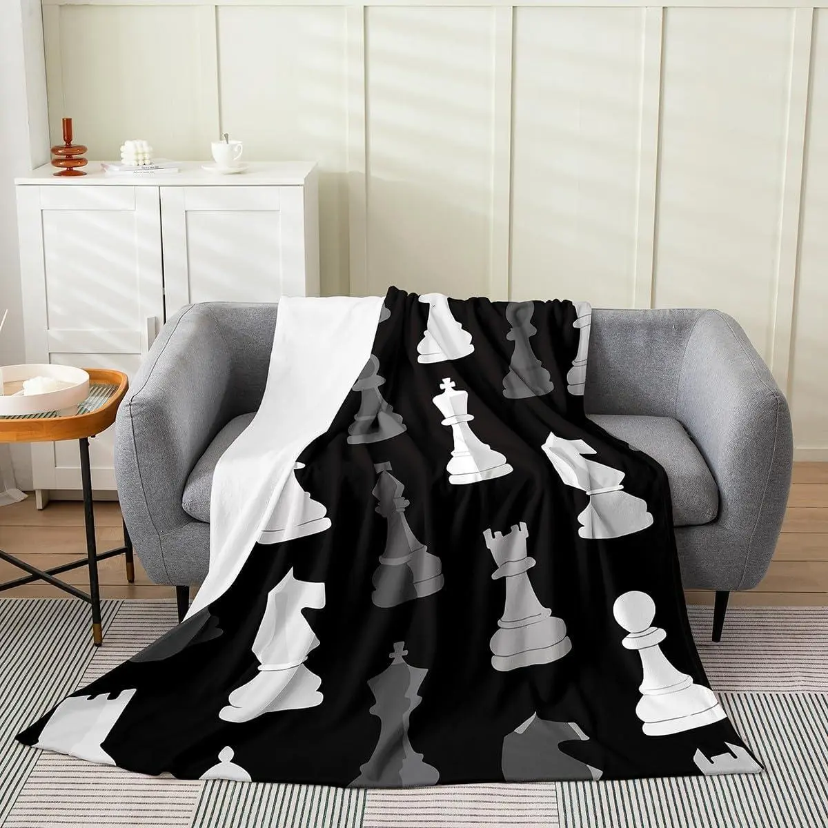 Black White Grey International Chess All Season,Bed Blanket Set Chess Board Game Plush Throw Blanket,Sofa Couch Checkerboard Flannel Fleece Blanket Chess Lovers Throw