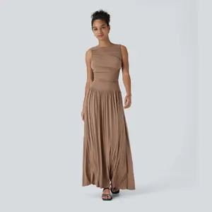 Halara Ribbed Boat Neck Asymmetric Strap Ruched Side Pocket Flowy Maxi Casual Dress