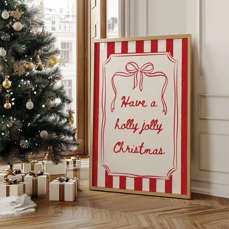 Holly Jolly Christmas Print Whimsical Christmas Art Holiday Winter Poster Trendy Xmas Aesthetic Retro Red Stripes Cozy Christmas Decor Gift_Poster Unframe