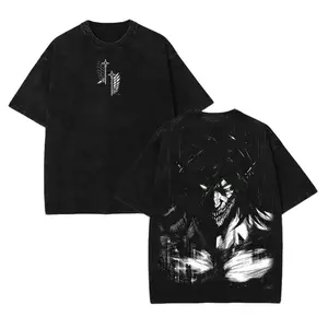 Retro Heavy Eren Yeager x Attack On Titan Ver 2 Anime Double Printed Men's Vintage Tee Washed Unisex Oversize Anime Manga Washed Heavyweight Cotton T-shirt, Anime Gift For Him