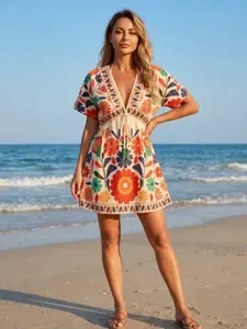 Women's Floral Print V-Neck Waist Cinch Short Sleeve Dress and Cover-Up, Perfect for Summer Beach Vacation, Boho Style