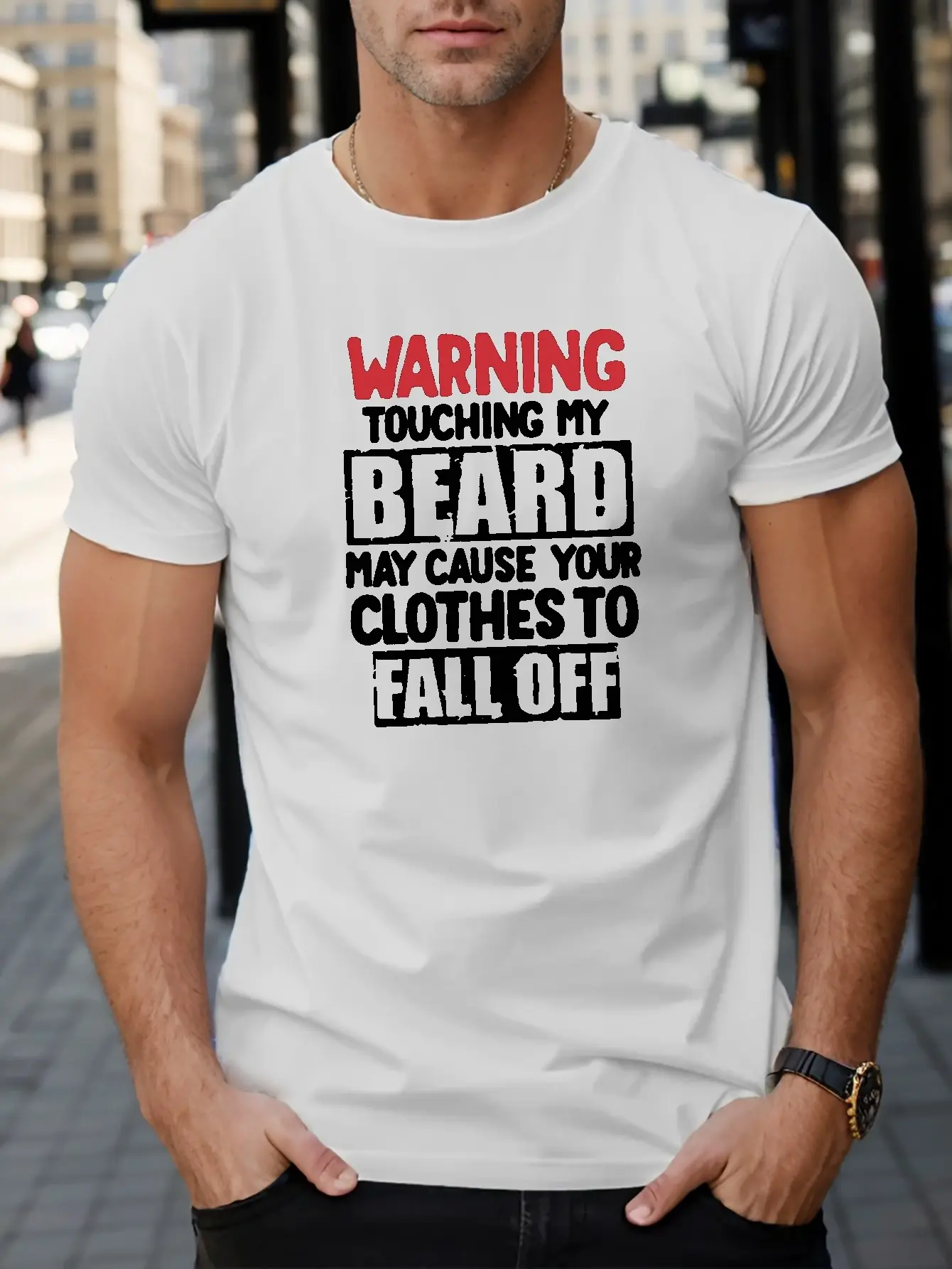 WARNING TOUCHING MY BEARD Print T Shirt, Tees For Men, Casual Short Sleeve T-shirt For Summer