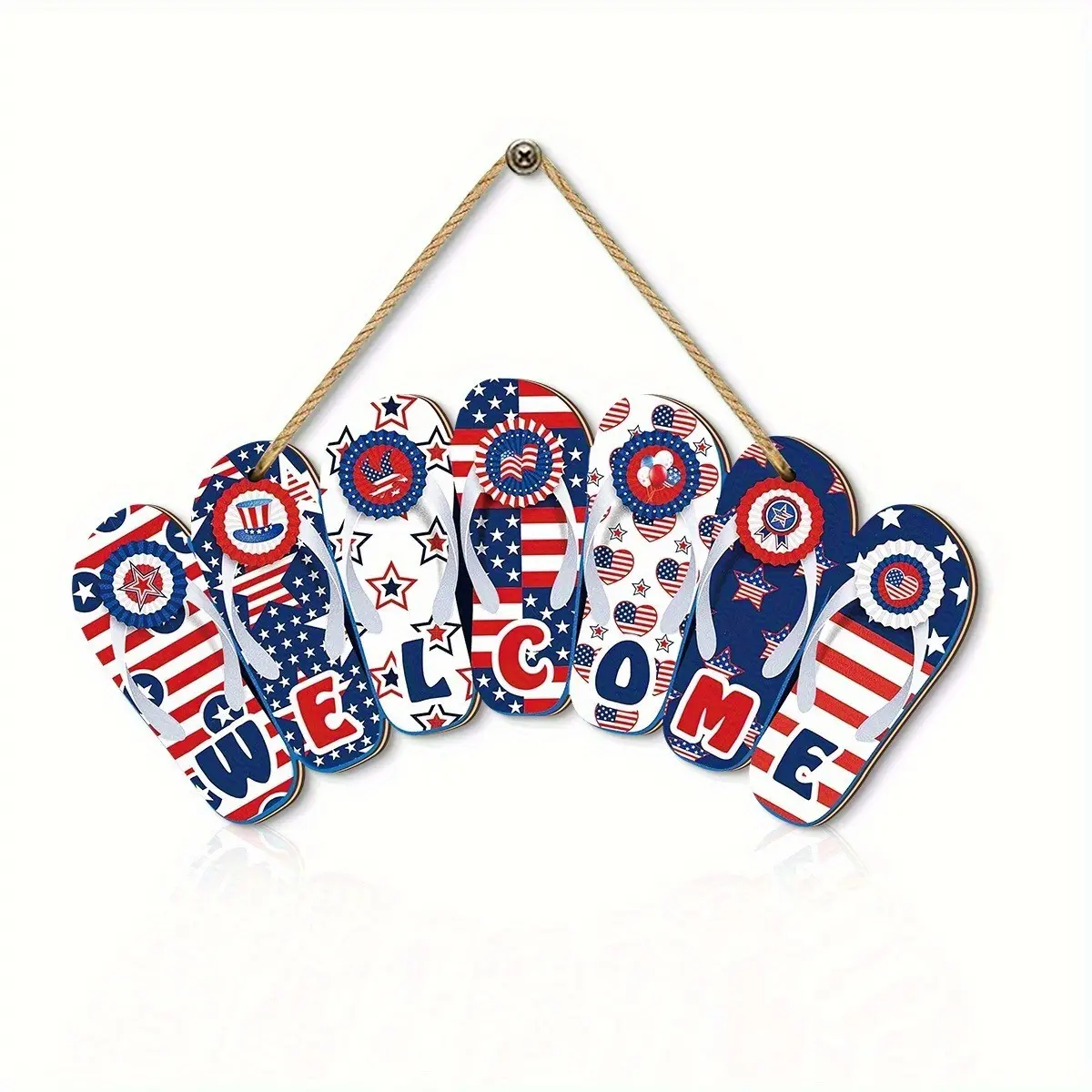 Independence Day Wreath Door Decor, Patriotic Wooden Star Stripes & Baseball Elements, Summer Home Front Door Decoration