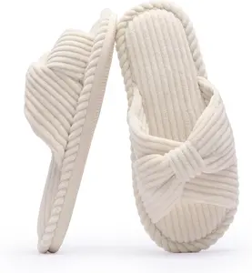 Chantomoo Corduroy Bow Slippers Memory Foam Open Toe for Women Cozy House Shoes Deals For You Days Gift