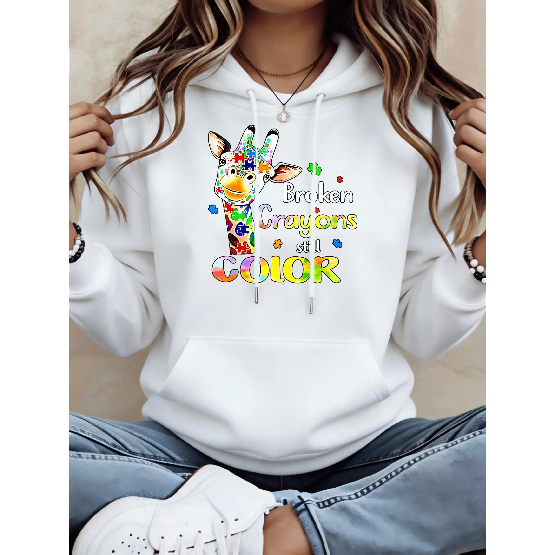 Women's Colorful Giraffe With Puzzle Pieces Unisex Oversized Hoodie | Soft Breathable Cotton Blend Pullover | Trendy Cozy Loungewear & Streetwear For Daily, Gym, Travel & Fall Vibes