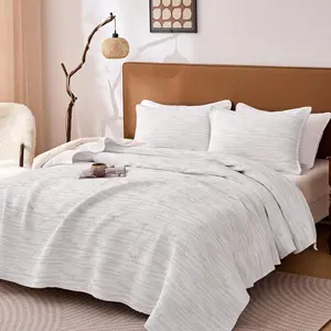 Qulit Set, Uneven Stripe Lightweight Jacquard Coverlets Reversible Bedspreads Bedding Set   with 2 Pillow Shams, 3 count, Beige | Lightweight, Breathable, Soft