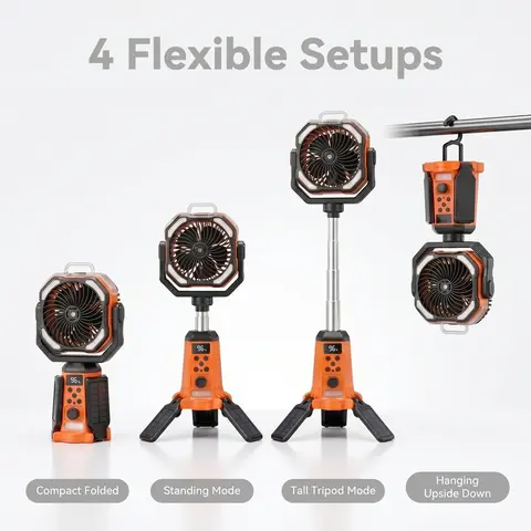Taztir 2026 Portable Outdoor Lightweight Fan with Tripod Kickstand, 20000mAh Rechargeable Cordless Fan Cooling System, 4-in-1 Auto-Oscillating Unit with LED Light & Display, USB Port, Remote (Father's Day Gift Option, Batteries Included)