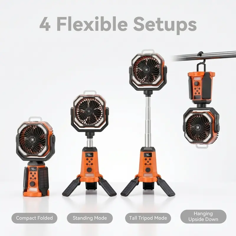 Taztir 2026 Portable Outdoor Lightweight Fan with Tripod Kickstand, 20000mAh Rechargeable Cordless Fan Cooling System, 4-in-1 Auto-Oscillating Unit with LED Light & Display, USB Port, Remote (Father's Day Gift Option, Batteries Included)