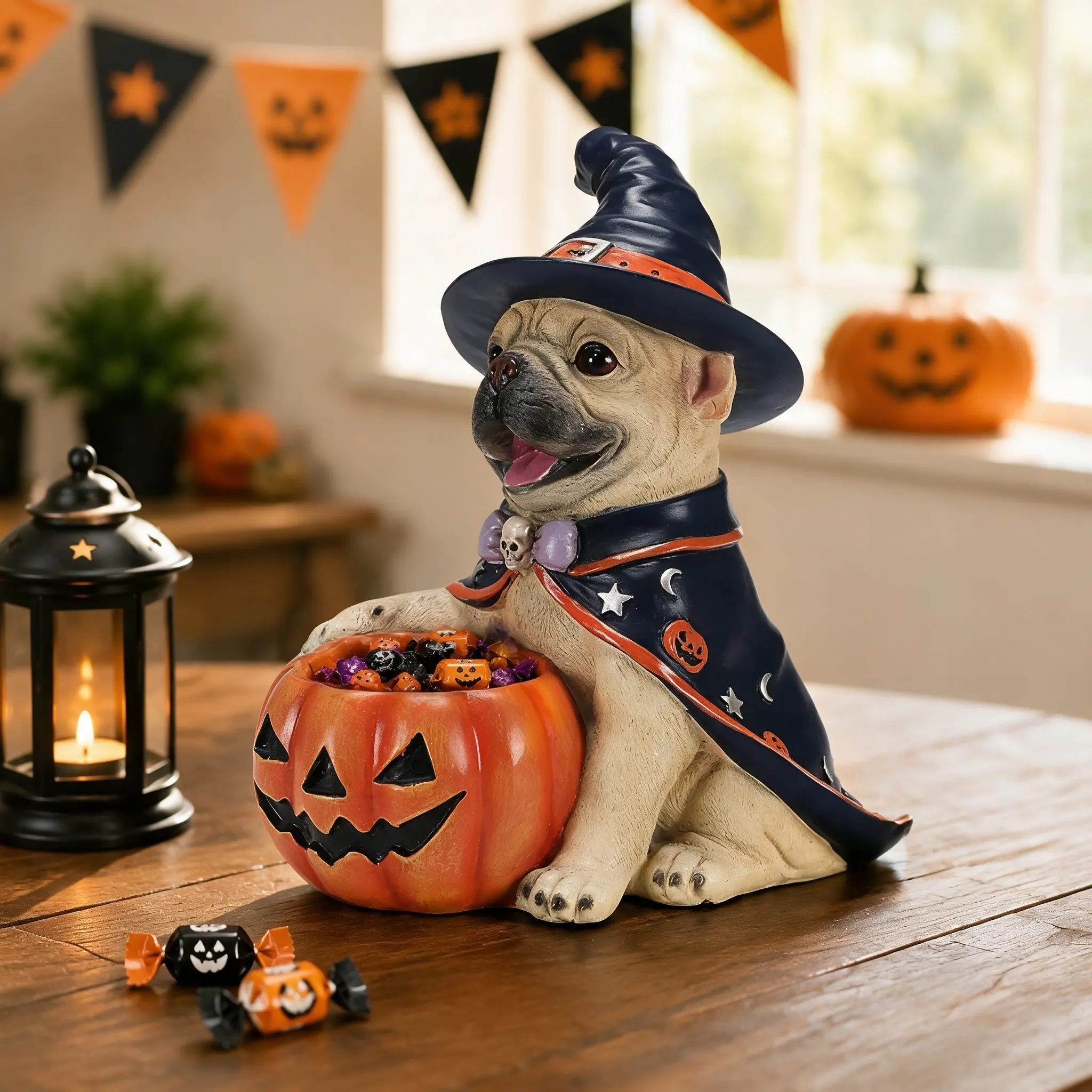 Halloween Wizard Pug Resin Statue with Pumpkin Candy Bowl - Witch Puppy Figurine, Spooky Home Tabletop Decoration, Ornaments for Room Decor, Trick-or-Treat Party Gift (Home Supplies)