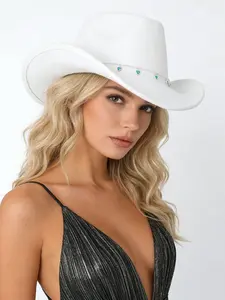 Wide Brim Wool Western Cowboy Hat, American Hot Girl Music Festival Party Atmosphere Cap, Heart Rhinestone Strap Nightclub Dance Hat