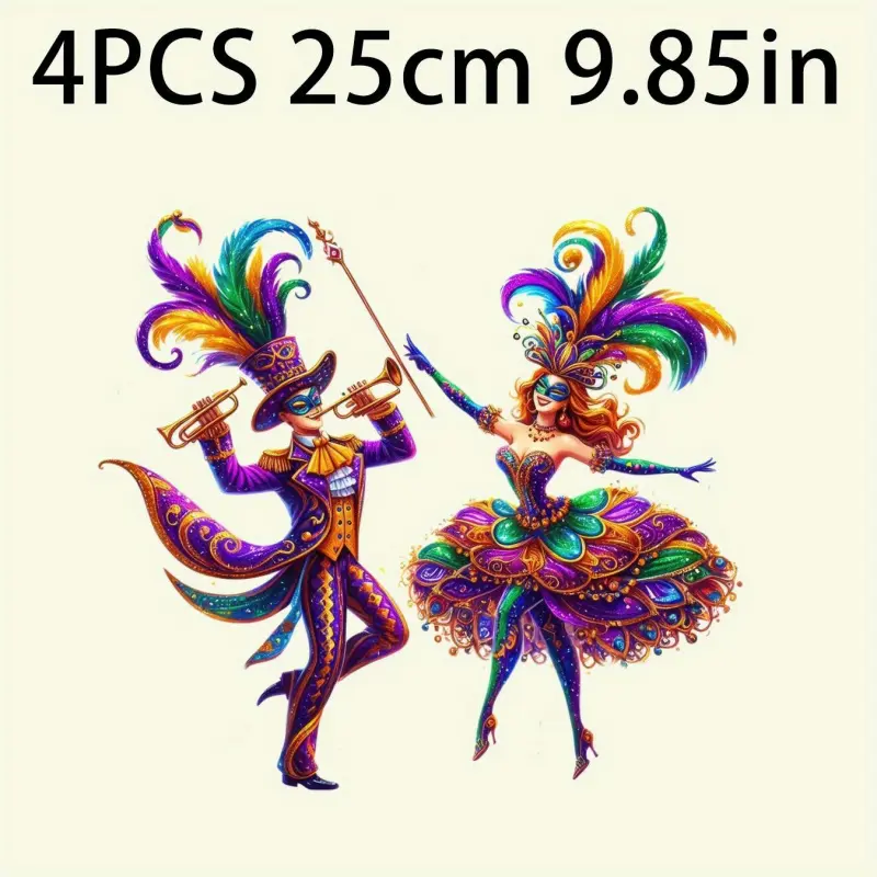 4 Pcs Reusable Washable DIY Heat Transfer Vinyl Iron on Patches Mardi Gras Mask Feather Beads Applique for Clothes T-Shirt Pants Hat Backpack Pillow Craft Decoration