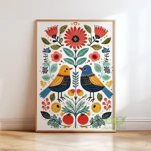 [Sale off up to 50%] [Free ship] [No Frame] Scandinavian Folk Art Bird Print, Vintage Botanical Wall Art, Modern Boho Poster, Colorful Cottagecore Decor, Scandi Nordic Inspired Artwork