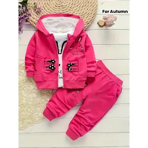 Autumn New Girl Hooded Rabbit Print Long-sleeved Three-piece Suit Spring Girl Baby Cartoon Long-sleeved Trousers Suit, for Outdoor