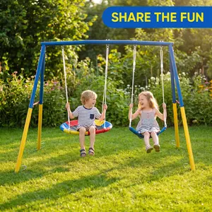 Swing Set for Backyard, 330lbs Swing Set with Heavy-Duty A-Frame Metal Outdoor Swing Stand, 1 Saucer Swing Seat & 1 Belt Swings Seat outdoorfun ,kids outdoor play,birthday gift