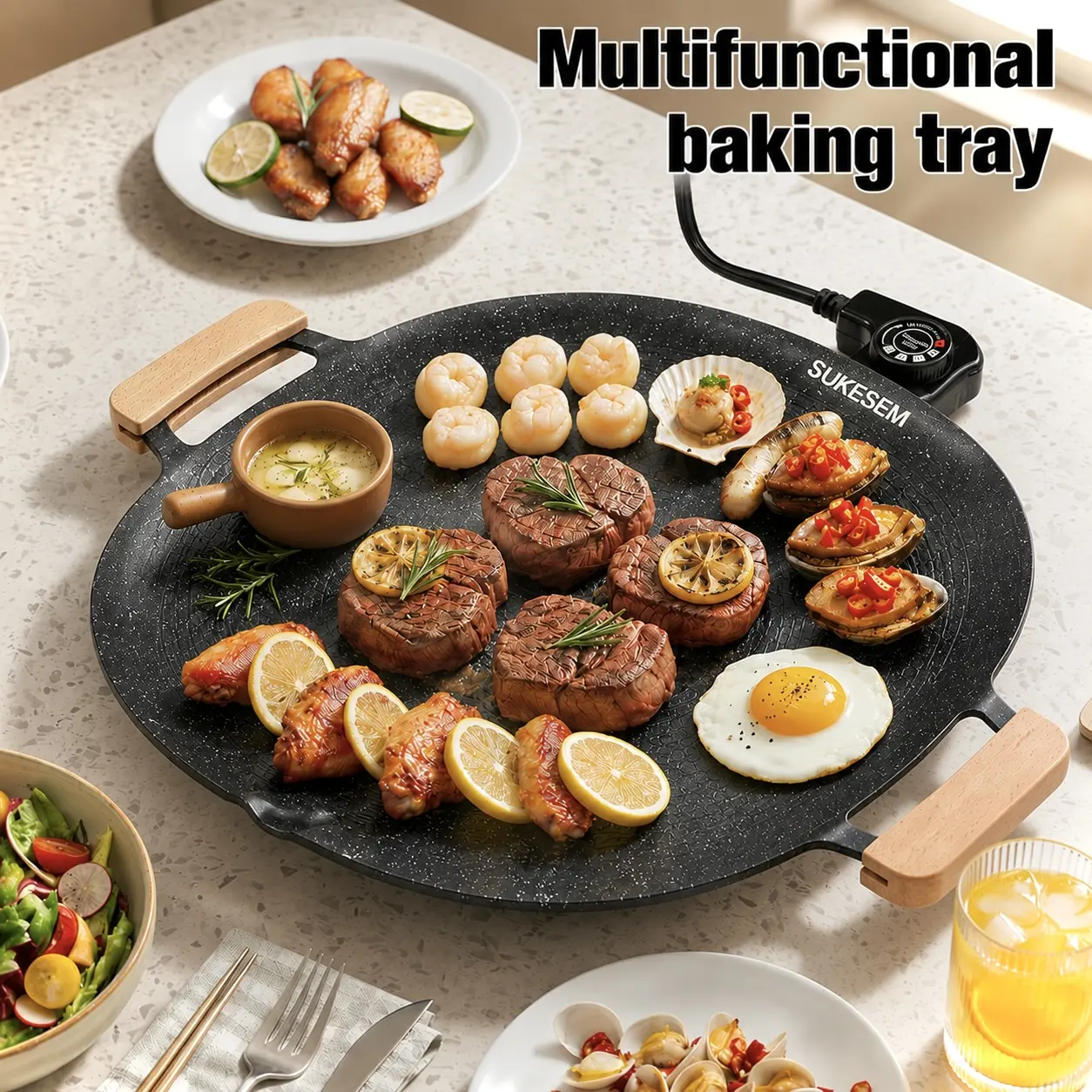 Non-Stick Frying Pan,Household Indoor Electric Baking Pan with 5 Adjustable Temperature Settings, Easy-To-Clean Electric Skillet Suitable for Stovetop, Grill, And Oven Use.Suitable For Fried Rice And Steak