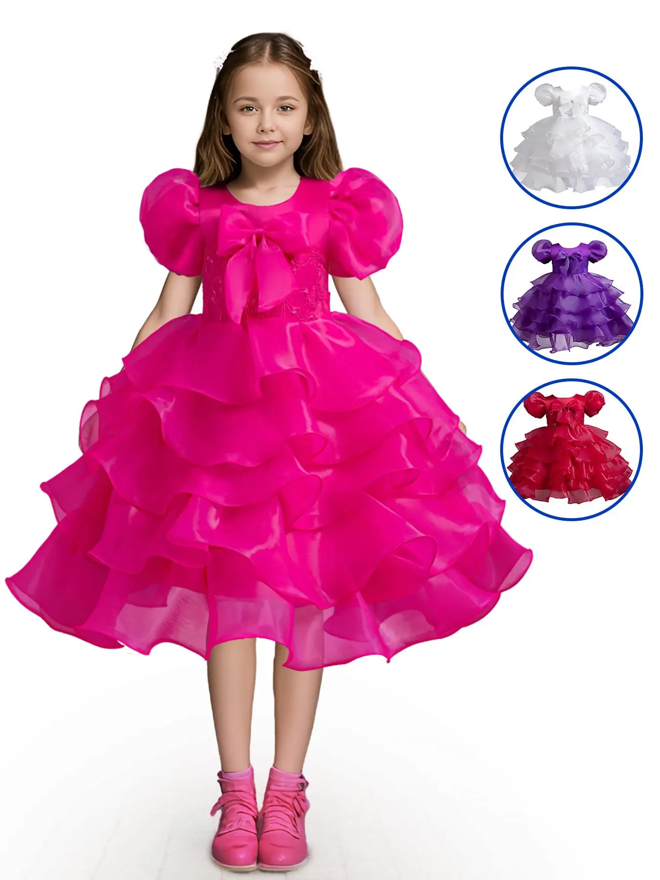 Girl's Contrast Sequin Big Bow Decor Tiered Layer Fit and Flare Party Dress, Cute Puff Sleeve Round Neck Party Gown, Kids Clothes for All Seasons