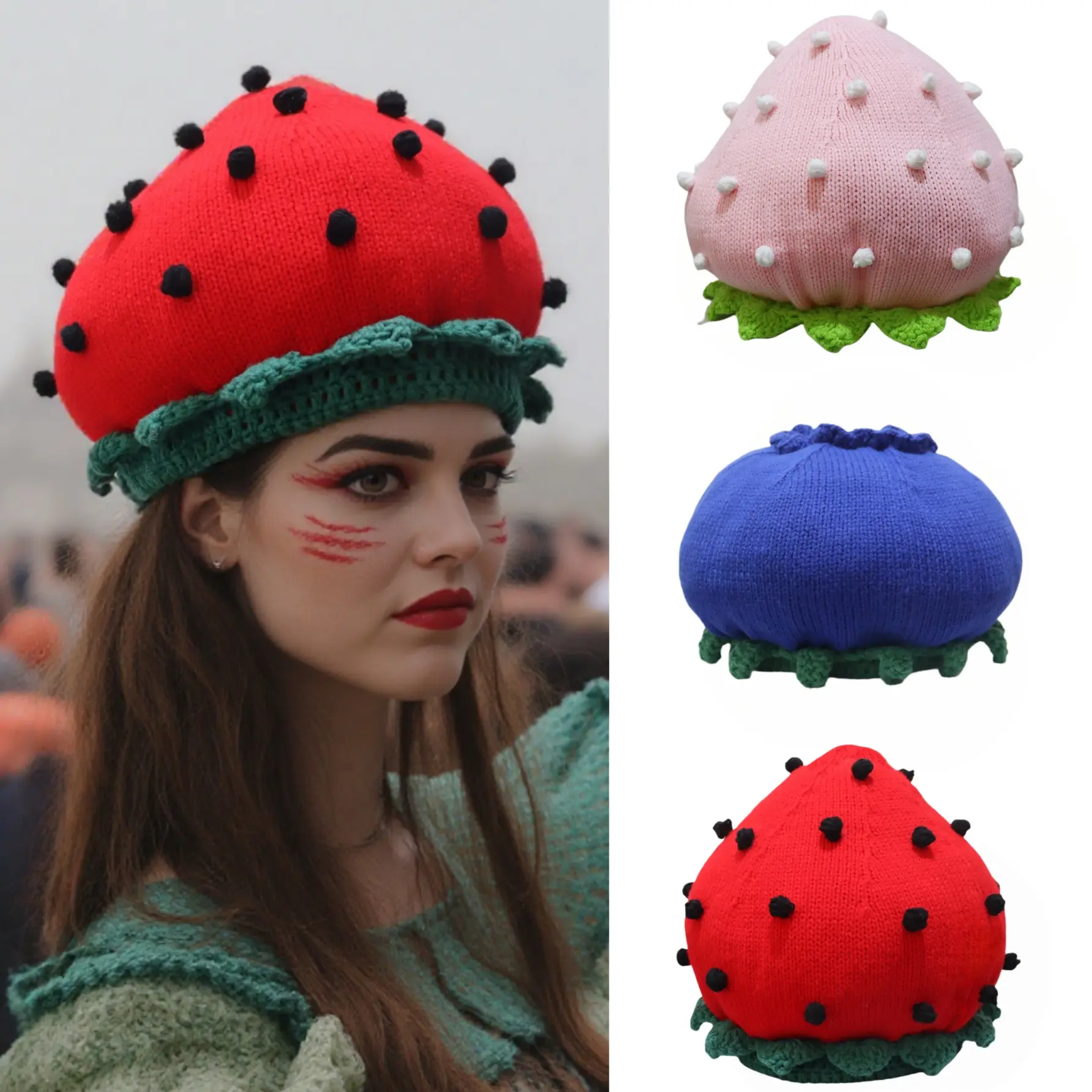 Handmade Knit Giant Strawberry Hat with Seeds & Leaf Trim, Cute Fruit Beret for Festival Rave, Y2K Kawaii Novelty Headwear, Viral Cosplay Costume Cap for Women