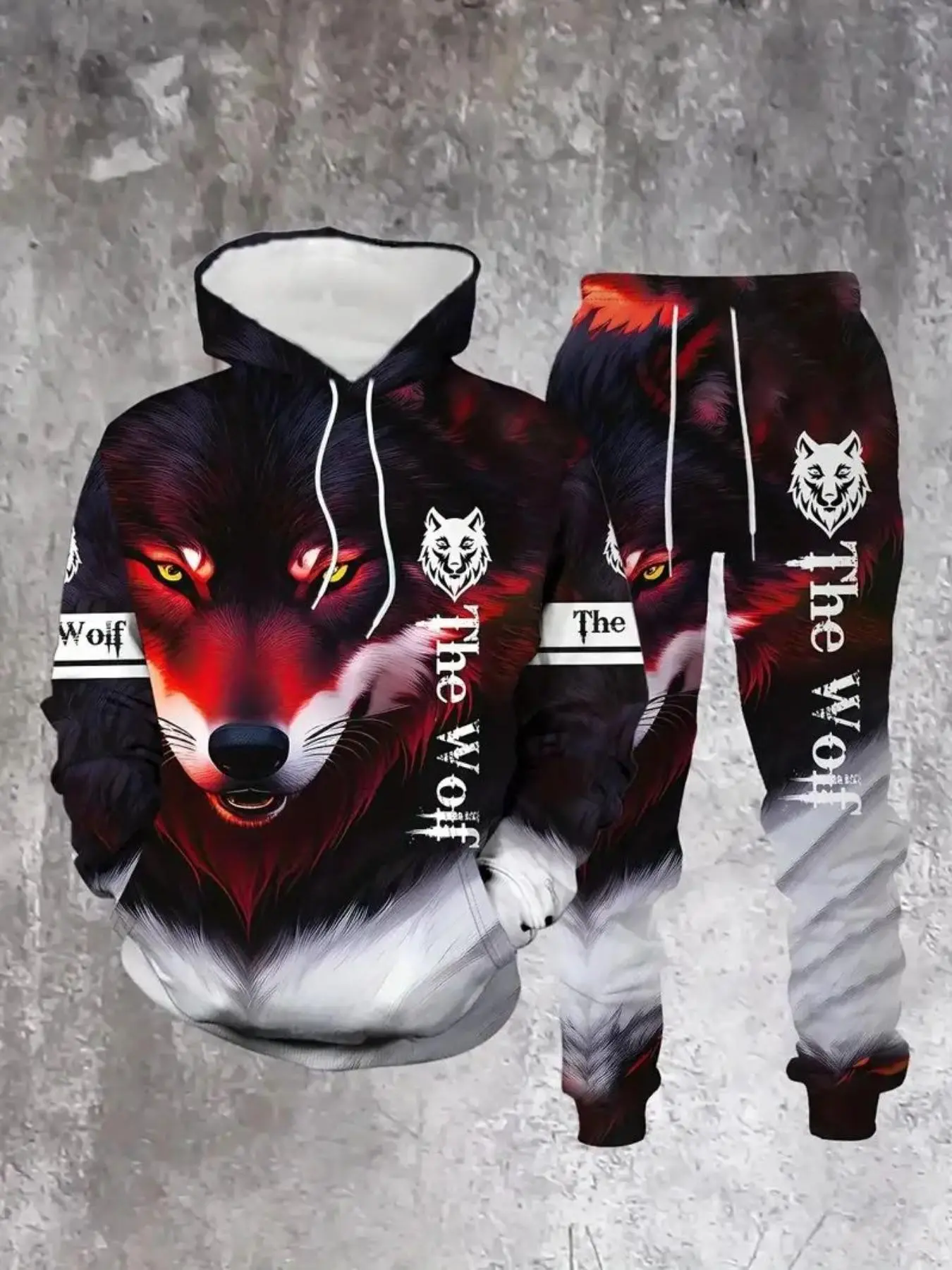 Men's Wolf Pattern Sporty Fitted Long Sleeve Hoodie Set, Hooded Athleisure Tracksuit Set, Athleisure Gym Clothes, Comfortable Casual Fall Winter, Casual Sportswear Set, All over Print Regular Length Tops