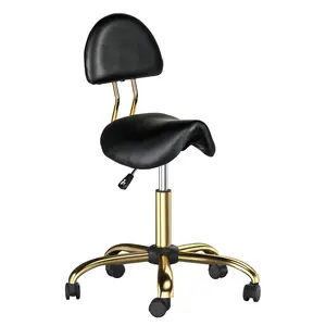 summervibes Black & Gold PVC Leather Craftman Stool, Saddle Seat with Semi-Circular Backrest, 280mm Golden Electroplated Five-Star Base