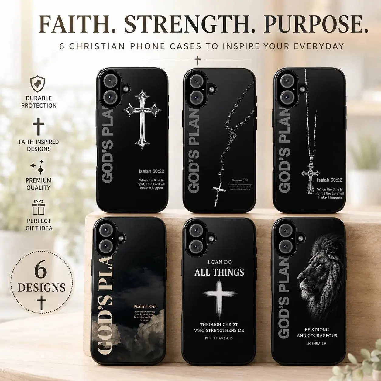 Faith Inspired Christian Phone Case for iPhone 17 16 15 14 13 12 11 Pro Max X XR XS Minimalist Scripture Quotes Cover Matte Black Holy Cross Art Faux Silver Metallic Rosary Graphic Lion Strength Bible Verse Religious Gift Protective Shell