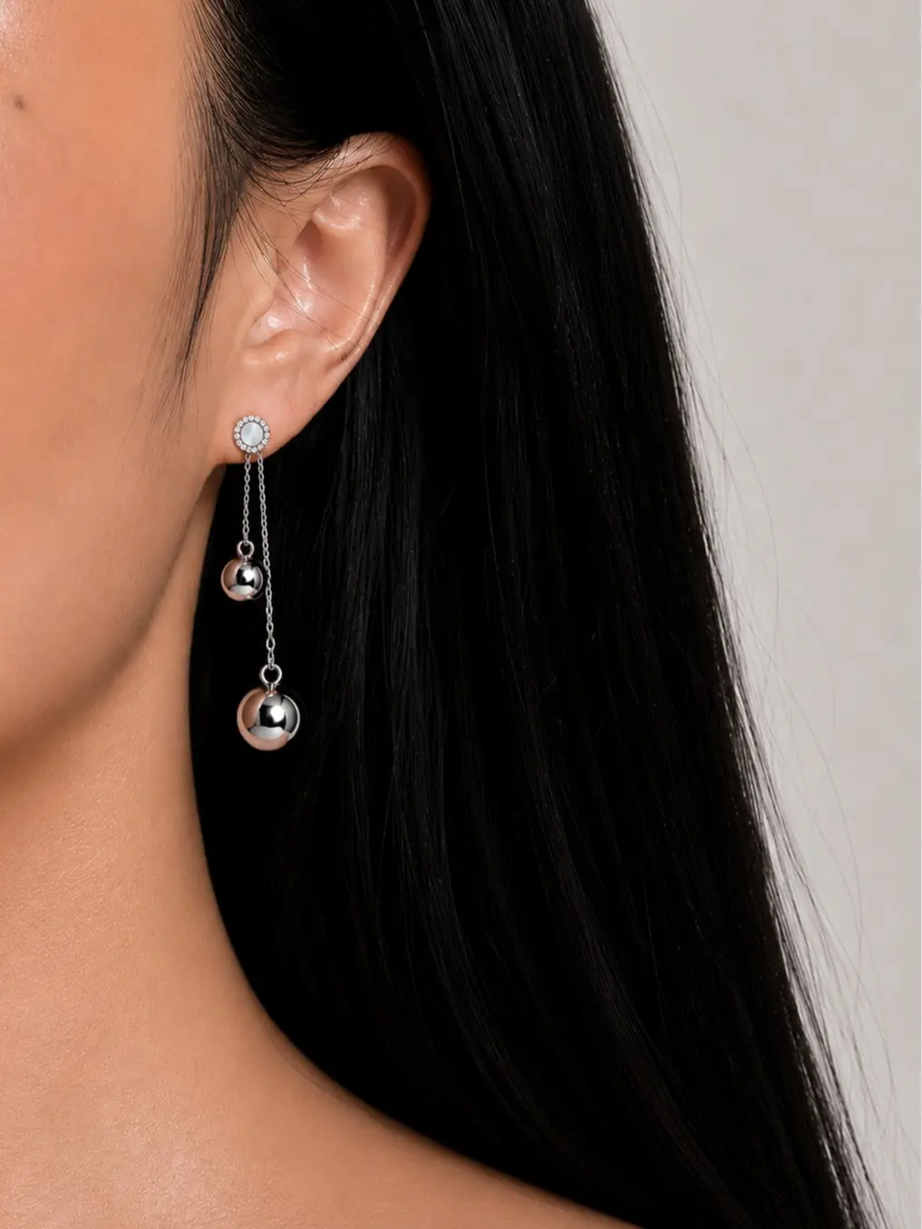Modern Metal Ball Drop Earrings with Long Chain and Mother of Pearl Round Stud | Sterling Silver CZ Dangle Earrings  | Modular Design