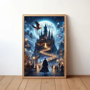 Magical Castle At Night Wall Art, Hogwarts Moonlight Poster, HP Fantasy School Landscape Prints Frameless