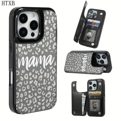 Hyperrealism Glam Gray Leopard Mama Print TPU Cellphone Case - TPU Casing Accessories with Card Slot for Bank/Public Transport Cards, Flexible Sturdy Cover for Daily Bump Protection, Compatible with iPhone 16 Pro Max,16,15 Pro,14 Plus,13,12 Pro Max