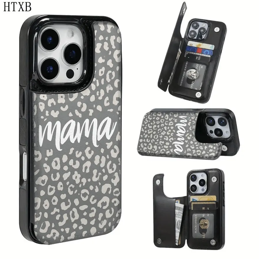 Simple Gray Leopard Mama Print TPU Smartphone Casing - Handheld Devices Protection, Card Slot for Bank/Public Transportation Cards, Compatible with iPhone 16 Pro Max,16,15 Pro,14 Plus,13,12 Pro Max Series