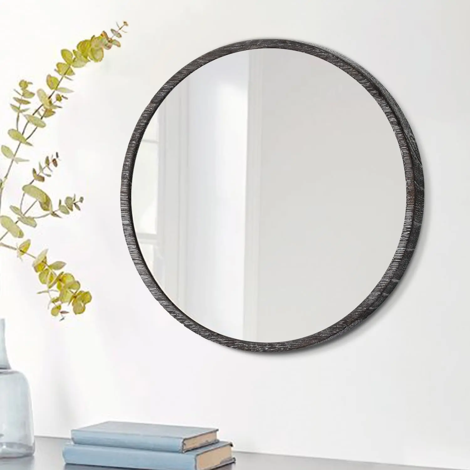 JJUUYOU Rustic Round Mirror, Hanging Wall Decorative Small Mirror Natural Wooden Farmhouse Frame with White Wash Edge for Bedroom, Bathroom or Dorm 23CM202