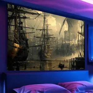 Ship Tapestry Sailing Ship Backdrop Ocean Theme Wall Hanging Photography Background Nautical Decor for Living Room Bedroom Indoor Outdoor Home Decoration