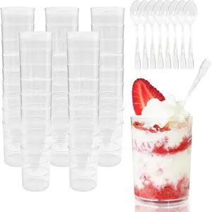 100-Piece Set of 3oz/5oz Plastic Mini Transparent Round Dessert Cups with Spoons, for Weddings, Birthdays & Holidays, Party Supplies, Disposable Dinnerware, Perfect for Pudding, Fruit, Mousse, Ice Cream, and Appetizer Bowls (50 Cups + 50 Spoons)