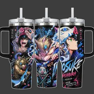 Inosuke Hashibira Demon Slayer Anime Tumbler Cup, Beast Breathing Blue Pink Full Wrap Stainless Steel Insulated Tumbler 20oz/40oz With Straw Lid Included, 40oz Handle Option