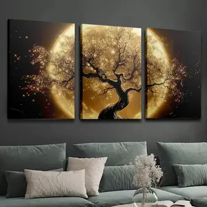 3-Piece Set of Luxurious Gold Abstract Full Moon Money Tree, Home Decoration, Wall Art, Room Decoration, Holiday Gift, Living Room, Bedroom, Dining Room Office Hanging Picture