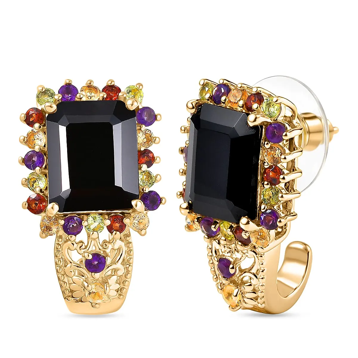 Black Spinel and Multi Gemstone 12.80 ctw Night Bloom Earrings in 18K Yellow Gold Plated
