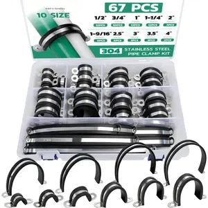 Pipe Clamp Assortment Kit 304 Stainless Steel, 10 Sizes (1/2"-4") Heavy Duty Rubber Cushioned Insulated Pipe Strap, U Bracket Clamp Conduit Clamp for Automotive, Wire & Tube