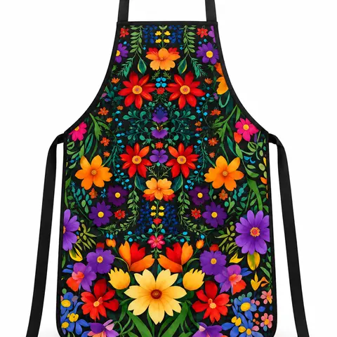 Women's Traditional Mexican Folk Art Apron - 1pc Sleeveless Signature Graphic Flowers Cloth Cover, Colorful Casual Cleaning Easy-Clean All-Season One-Size Kitchen Workwear Gift, Cloth Cover Aprons