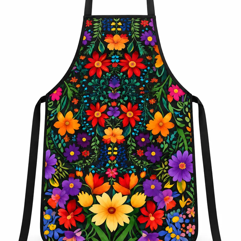 Women's Traditional Mexican Folk Art Apron - 1pc Sleeveless Signature Graphic Flowers Cloth Cover, Colorful Casual Cleaning Easy-Clean All-Season One-Size Kitchen Workwear Gift, Cloth Cover Aprons