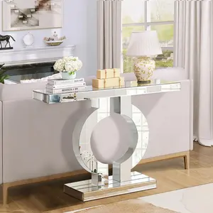 Silver Mirrored Console Table, 39.4'' Long Glass Entryway Sofa Table, O-Shaped Base Modern Accent Narrow Table for Living Room, Hallway, Foyer, Entrance