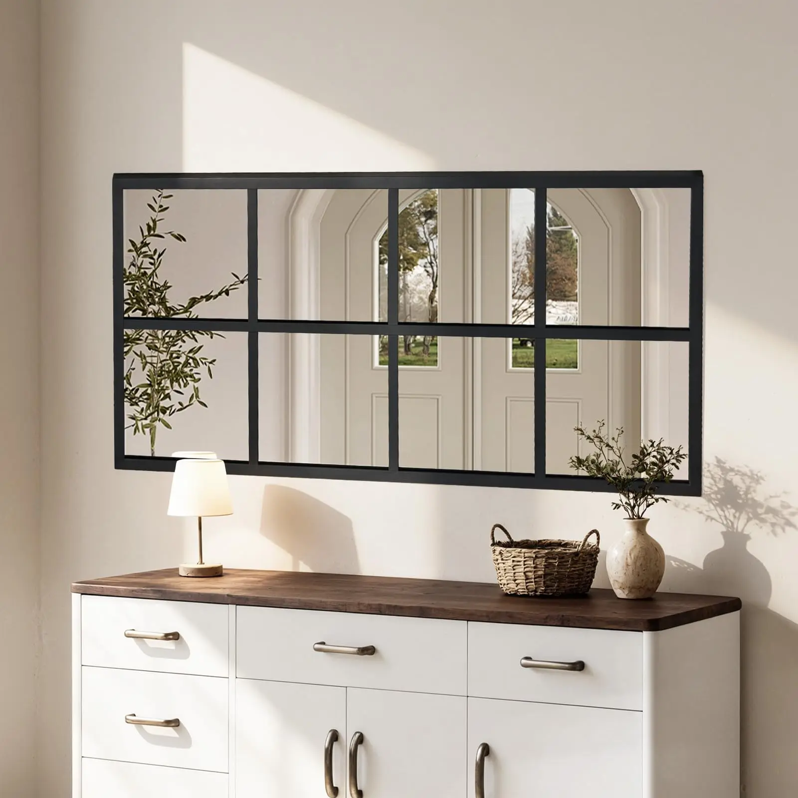 Window Pane Wall Mirror, 16x32 Inch Black Framed Mirrors For Wall Decor Living Room, Black Metal Framed Big Square Mirror For Bathroom, Bedroom, Entryway