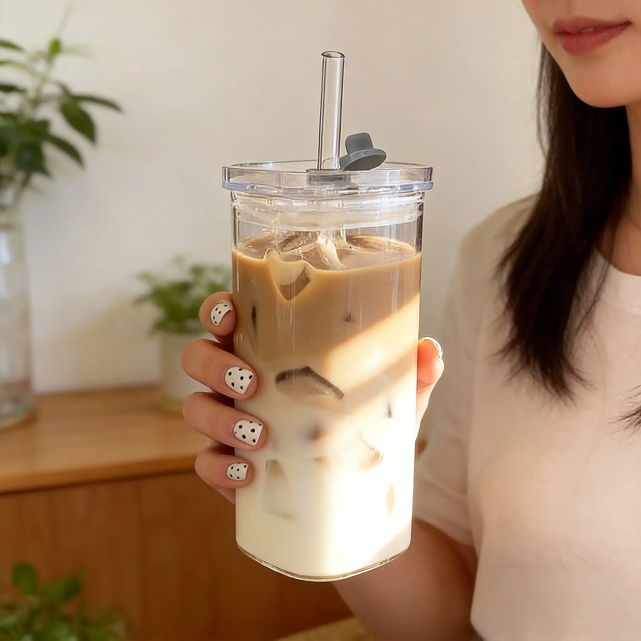 Square Glass Cup Set with Leak-Proof Lid and Straw, Reusable Coffee Mug, Heat Resistant Single Layer Juice Cup, Home Use, Leakproof Straw Cup, Drinkware