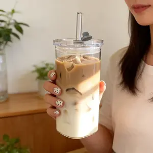 Square Glass Cup Set with Leak-Proof Lid and Straw, Reusable Coffee Mug, Heat Resistant Single Layer Juice Cup, Home Use