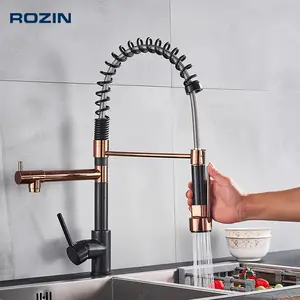 Black and Rose Golden Spring Pull Down Kitchen Sink Faucet  Hot & Cold Water Mixer Crane Tap with Dual Spout Deck Mounted