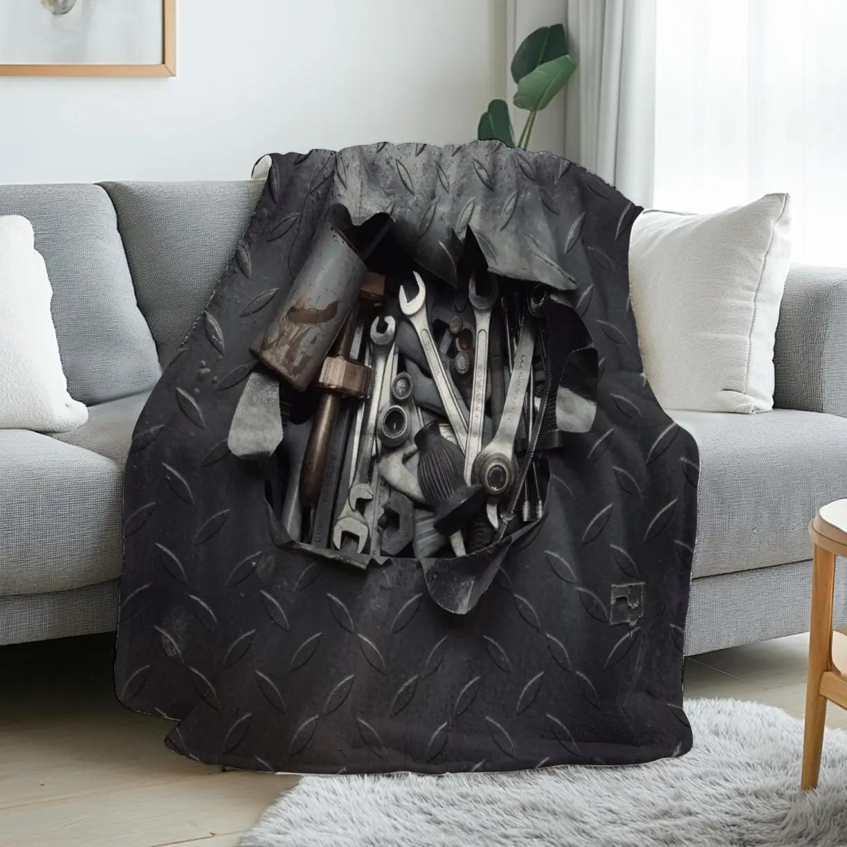 1pc Heavy-Duty Mechanic Tools Flannel Blanket - Industrial Garage Workshop Design with Wrenches & Gears, Soft Warm All-Season Throw for Man Cave, Mechanic Gifts, Christmas & Halloween Decor, Machine Washable Tool Print Bedspread